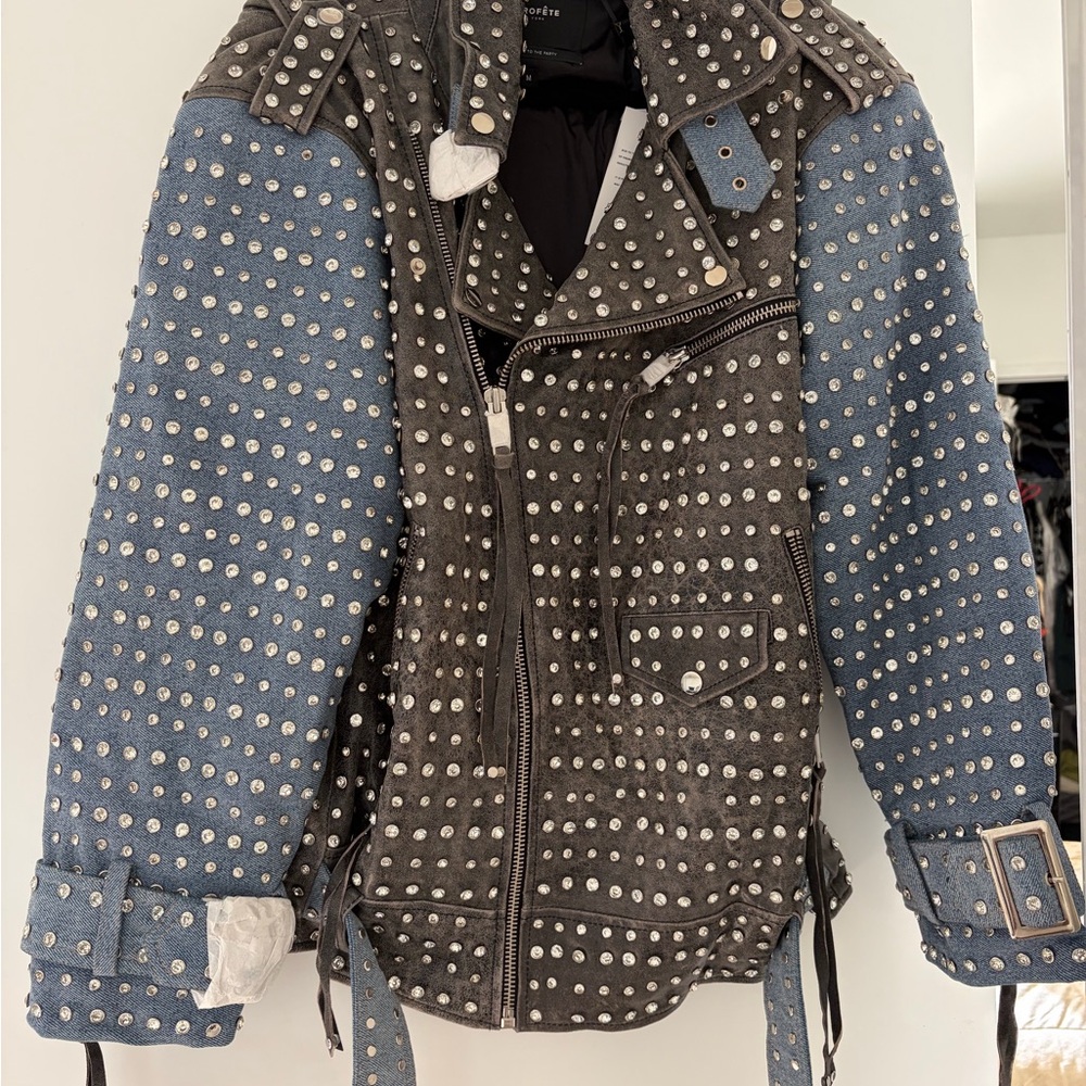 Retrofete Studded Leather Jacket in Black and Blue